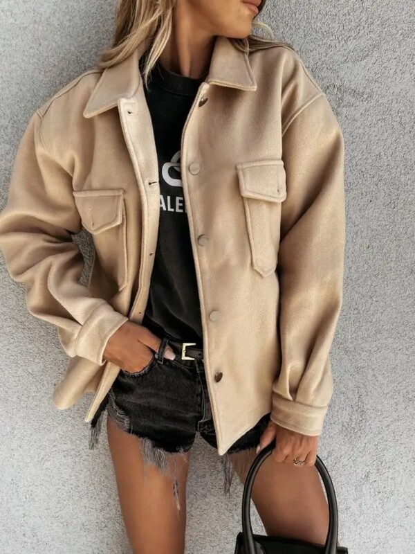 Naiste riided Euroopa ja Ameerika uus mood, ühevärviline polokrae Üherealine villane jope