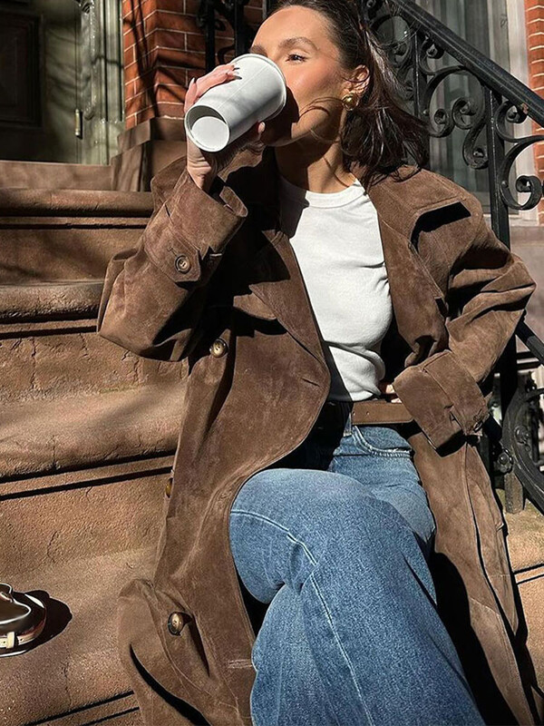 Modne smeđe ženske jakne od brušene kože Elegantne vjetrovke s dvostrukim kopčanjem i dugim rukavima na preklop s remenom Jesenske ženske majice s visokom ulicom