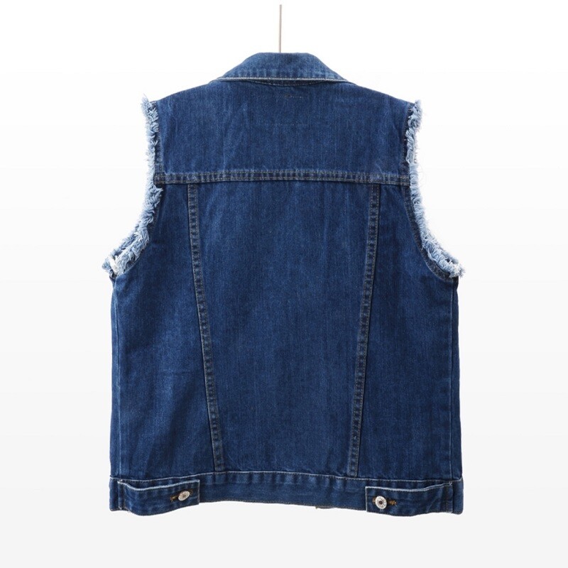 Vintage Wash Σκούρο μπλε τζιν γιλέκο Γυναικείο φοιτητικό γιλέκο Φαρδύ κοντά γρέζια Αμάνικο παλτό Τζιν μεγάλη τσέπη Γυναικείο