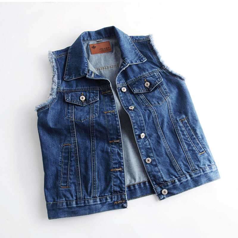 Vintage Wash Σκούρο μπλε τζιν γιλέκο Γυναικείο φοιτητικό γιλέκο Φαρδύ κοντά γρέζια Αμάνικο παλτό Τζιν μεγάλη τσέπη Γυναικείο