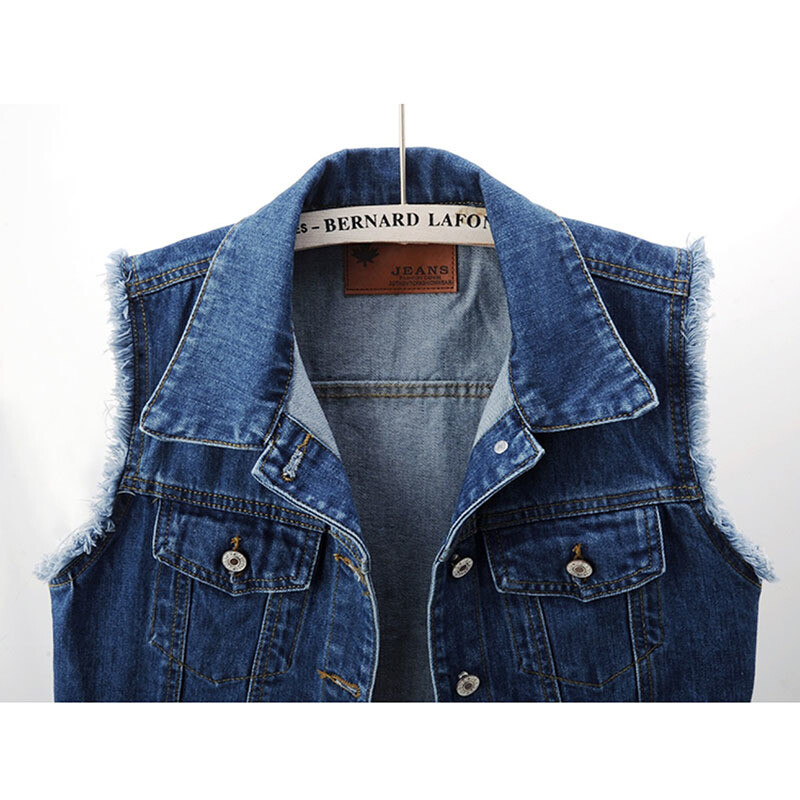 Vintage Wash Σκούρο μπλε τζιν γιλέκο Γυναικείο φοιτητικό γιλέκο Φαρδύ κοντά γρέζια Αμάνικο παλτό Τζιν μεγάλη τσέπη Γυναικείο