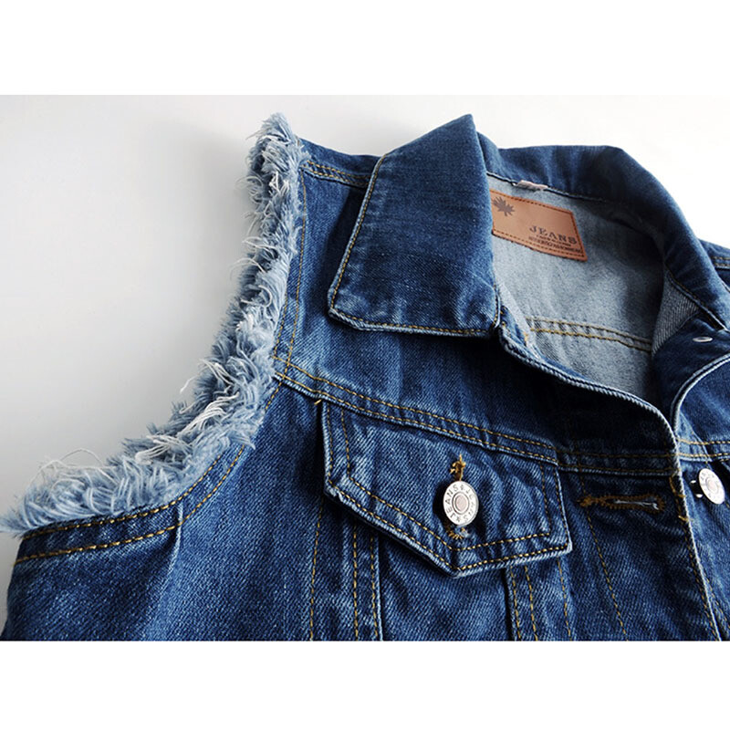 Vintage Wash Σκούρο μπλε τζιν γιλέκο Γυναικείο φοιτητικό γιλέκο Φαρδύ κοντά γρέζια Αμάνικο παλτό Τζιν μεγάλη τσέπη Γυναικείο