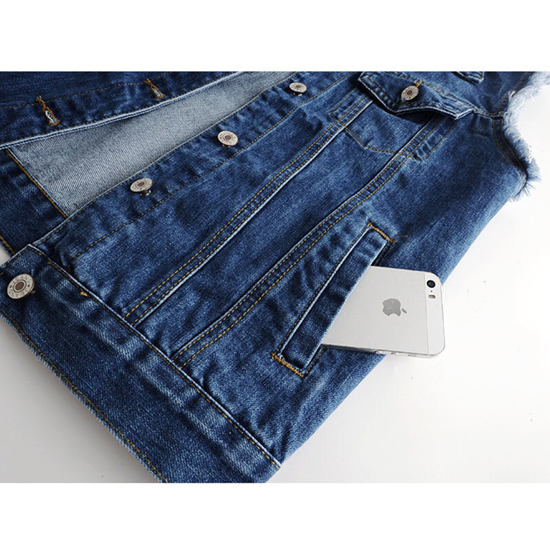 Vintage Wash Σκούρο μπλε τζιν γιλέκο Γυναικείο φοιτητικό γιλέκο Φαρδύ κοντά γρέζια Αμάνικο παλτό Τζιν μεγάλη τσέπη Γυναικείο