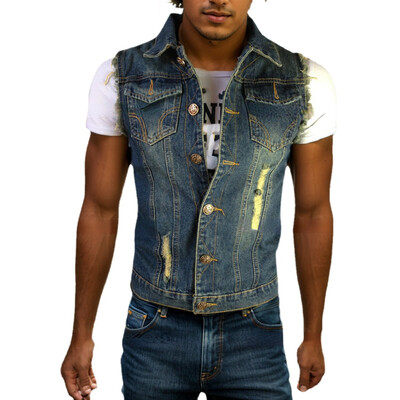 Vestă de blugi pentru bărbați Jachetă vintage fără mâneci Jachetă cu revere pentru bărbați Topuri de cowboy Vestă