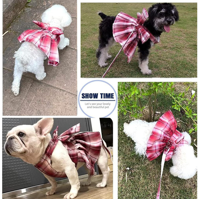 Сладка карирана рокля за куче, колан, каишка, комплект лятно момиче, дрехи за домашни любимци, панделка, кученце, принцеса, рокля, котка, куче, празничен костюм за парти