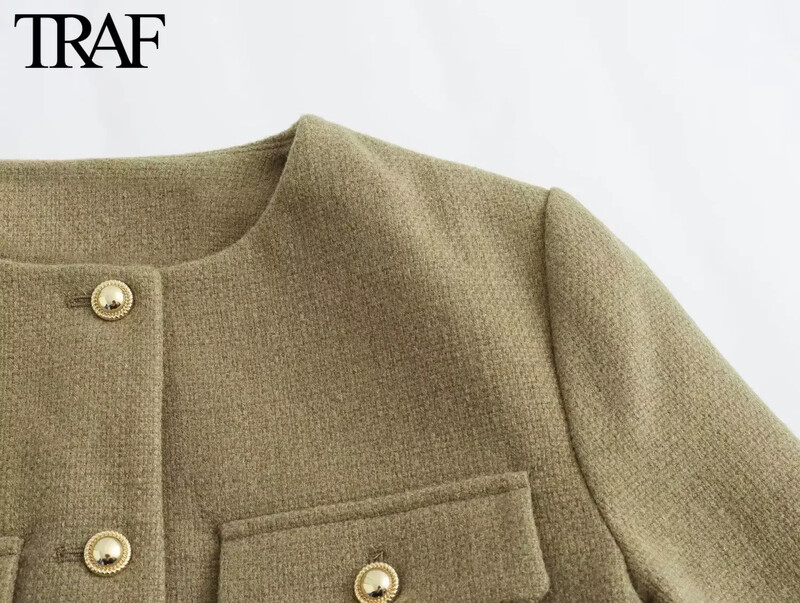 TRAF naiste mood Sügis-talv Üherealine tekstuuriga ümarkaelus, klapptaskuga lühike jakk Mantel Šikk naiste topid Mujer