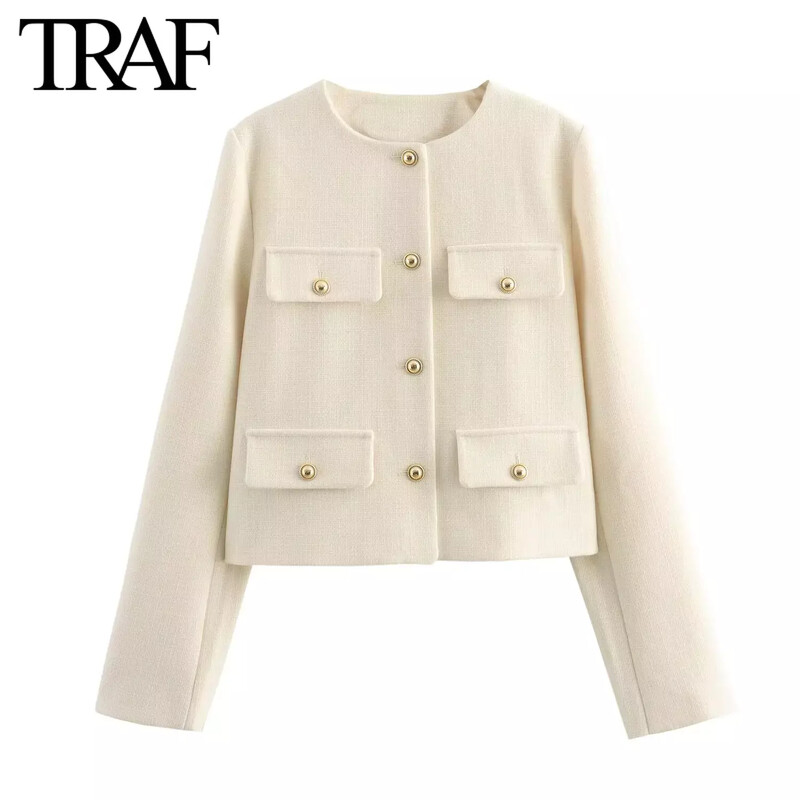 TRAF naiste mood Sügis-talv Üherealine tekstuuriga ümarkaelus, klapptaskuga lühike jakk Mantel Šikk naiste topid Mujer