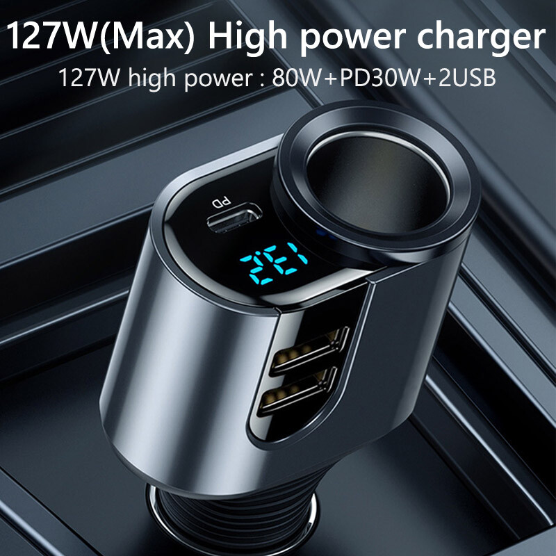 JaJaBor toiteadapter auto sigaretisüütaja jagaja 127W suure võimsusega laadija tüüp C PD 30W kahe USB kiirlaadimisega autolaadija