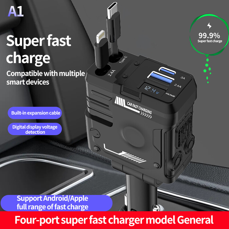 NOU încărcător auto 120W 4 în 1 Adaptor pentru brichetă auto retractabil Cablu de încărcare rapidă USB tip C pentru iPhone Huawei Samsung