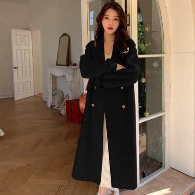 Kahepoolne villane mantel naiste keskmise pikkusega lahtine sügis/talvine mantel Korea stiilis põlvedeni villane jope