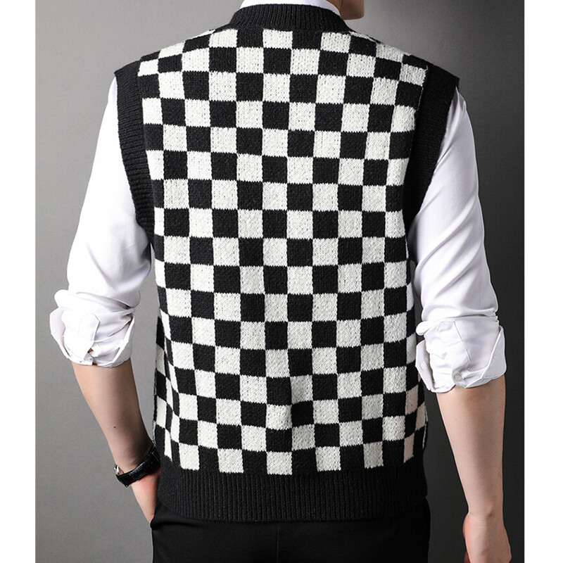 Ανδρικό πλεκτό γιλέκο καρό καρό καρό πουλόβερ αμάνικο πουλόβερ πουλόβερ V λαιμόκοψη Basic για το φθινόπωρο χειμώνα Plus Size 00024