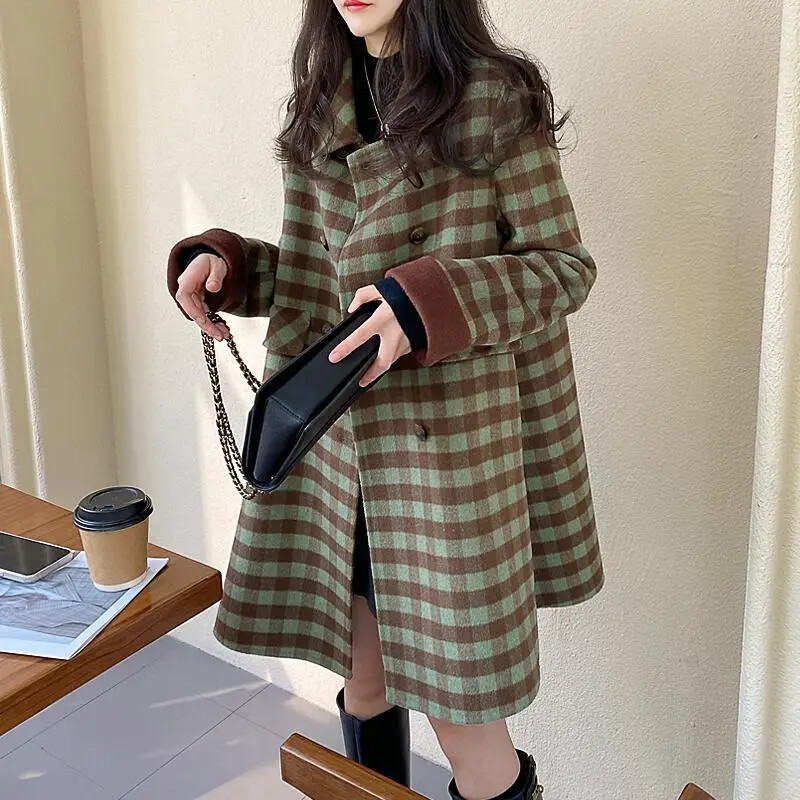 Naiste ruuduline villane jope, keskmise pikkusega plokkvärviline mantel Korea stiilis nukukrae välimine kulumine