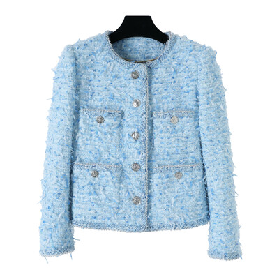 Mala mirisna jakna ženska jesen i zima 2024. novi plavi kratki top od francuskog tvida visoke kvalitete