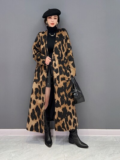 Leopard pikad mantlid ja jakid Naiste V-kaelusega üherealine sügistalvine mantel lahtine tuulejakk Uus ülerõivastes