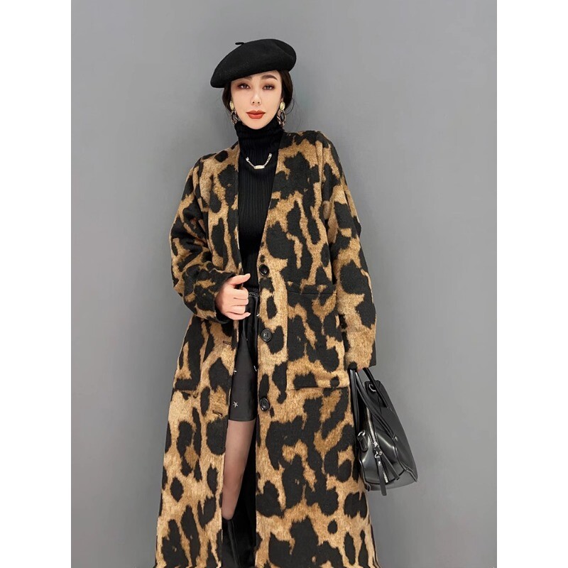 Leopard pikad mantlid ja jakid Naiste V-kaelusega üherealine sügistalvine mantel lahtine tuulejakk Uus ülerõivastes
