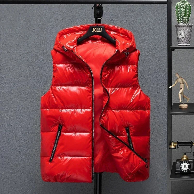 2024 Νέα ανδρικά χειμερινά φωτεινά γιλέκα με κουκούλα Χοντρό γιλέκο αδιάβροχο βαμβακερό αμάνικο παλτό Ανδρικό αδιάβροχο χοντρό γιλέκο M-5XL