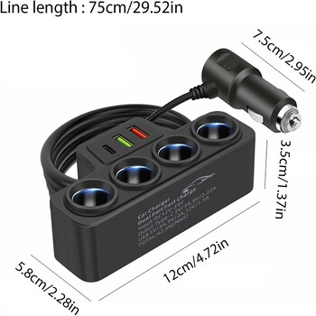 12V/24V адаптер за автомобилна запалка Ново 4-гнездо 3.1A зарядно устройство Зарядно устройство USB USB за кола+QC3.0+PD3.1A порт за аксесоари USB 120W