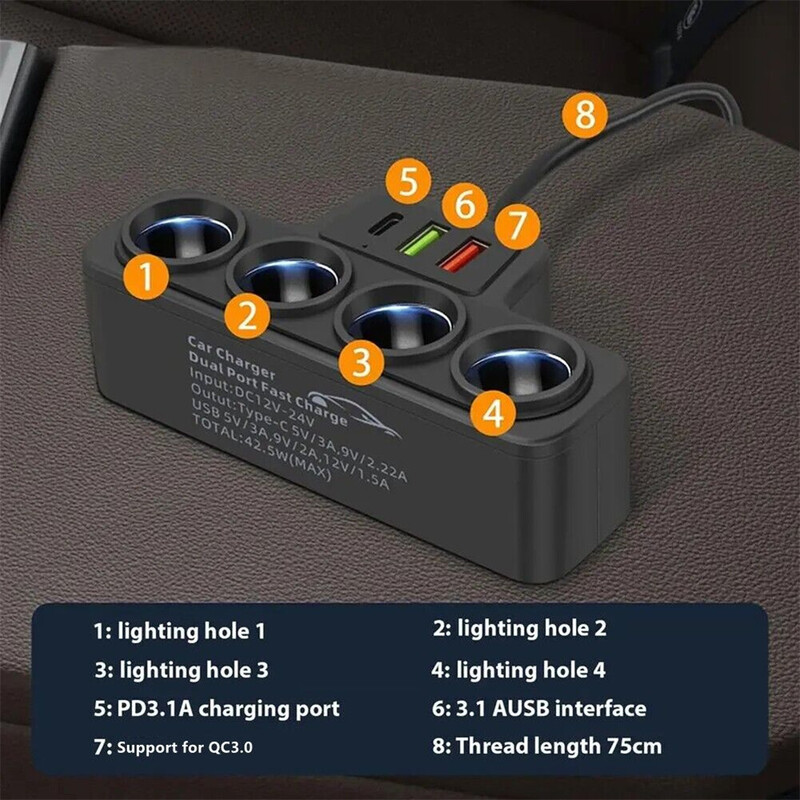 Adaptor brichetă auto 12V/24V Nou 4 prize 3.1A Încărcător Încărcător USB Auto USB+QC3.0+PD3.1A Accesorii Port USB 120W