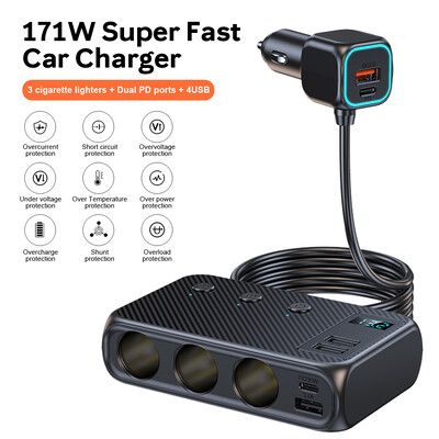 Adaptor pentru încărcător auto 9 în 1 Brichetă de 171 W Adaptor de încărcare rapidă PD30W pentru brichetă auto Splitter cu întrerupător