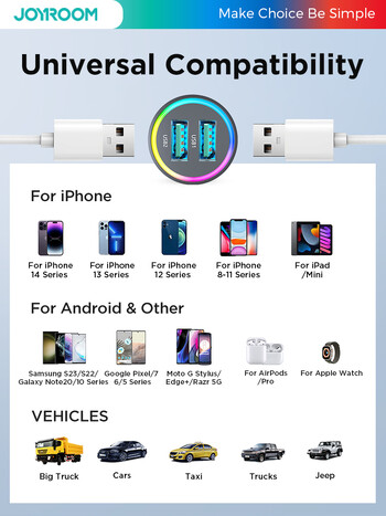 Joyroom 4.8A зарядно за телефон за кола LED светлина Компактна запалка USB зарядно устройство Двоен USB адаптер за зарядно за кола за iPhone 14 13