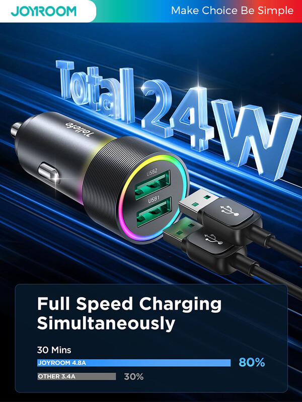 Joyroom 4.8A automobilinio telefono įkroviklis LED lemputė kompaktiškas cigarečių žiebtuvėlis USB įkroviklis Dvigubas USB automobilinio įkroviklio adapteris, skirtas iPhone 14 13