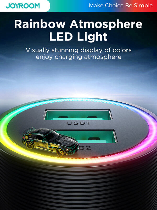 Joyroom 4.8A automobilinio telefono įkroviklis LED lemputė kompaktiškas cigarečių žiebtuvėlis USB įkroviklis Dvigubas USB automobilinio įkroviklio adapteris, skirtas iPhone 14 13
