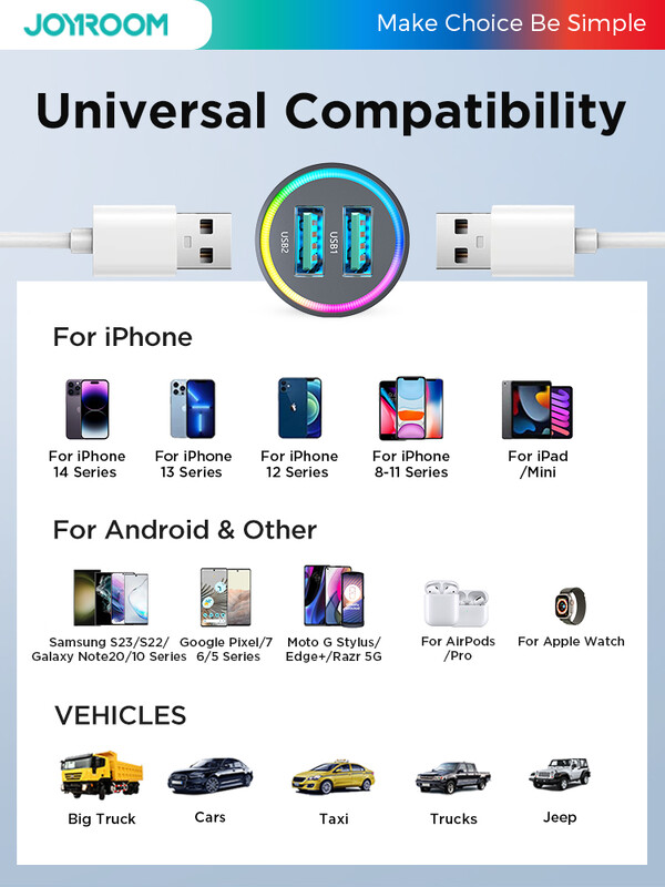 Joyroom 4.8A automobilinio telefono įkroviklis LED lemputė kompaktiškas cigarečių žiebtuvėlis USB įkroviklis Dvigubas USB automobilinio įkroviklio adapteris, skirtas iPhone 14 13