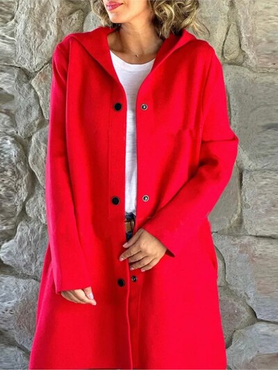 Sügisel ja talvel uus ühevärviline villane naiste pikkade varrukatega mantel Elegantne mood tasku vabaaja naiste kapuutsiga mantel 2024