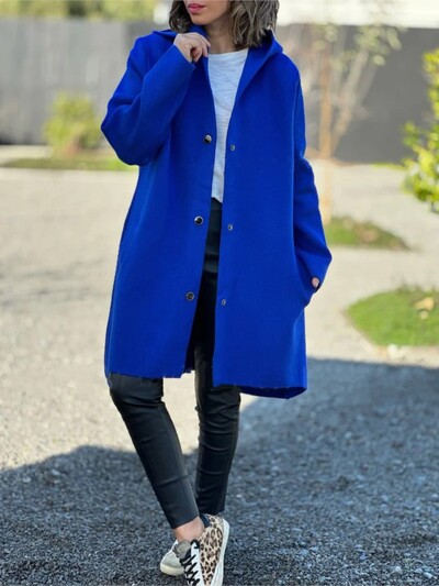 Sügisel ja talvel uus ühevärviline villane naiste pikkade varrukatega mantel Elegantne mood tasku vabaaja naiste kapuutsiga mantel 2024