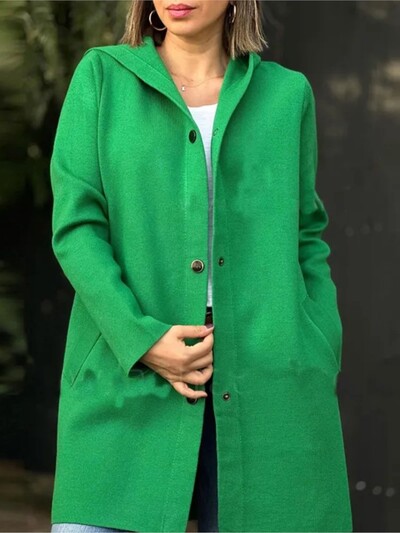 Sügisel ja talvel uus ühevärviline villane naiste pikkade varrukatega mantel Elegantne mood tasku vabaaja naiste kapuutsiga mantel 2024