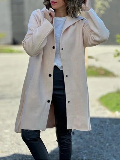 Sügisel ja talvel uus ühevärviline villane naiste pikkade varrukatega mantel Elegantne mood tasku vabaaja naiste kapuutsiga mantel 2024