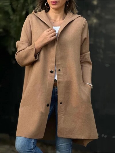 Sügisel ja talvel uus ühevärviline villane naiste pikkade varrukatega mantel Elegantne mood tasku vabaaja naiste kapuutsiga mantel 2024
