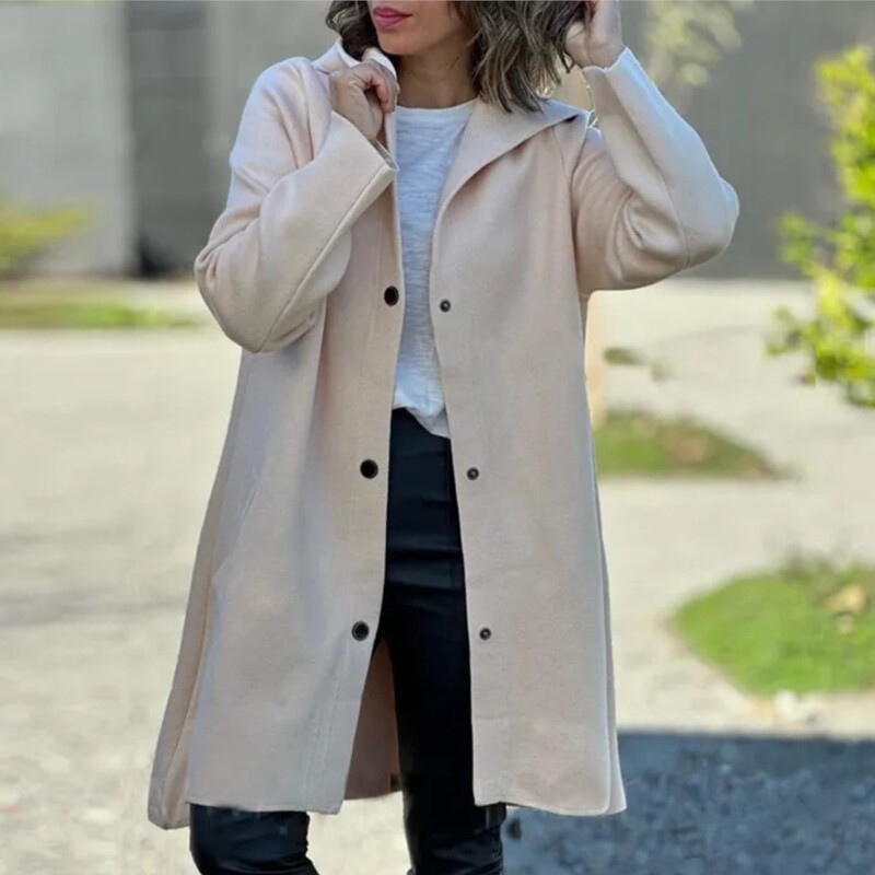 Sügisel ja talvel uus ühevärviline villane naiste pikkade varrukatega mantel Elegantne mood tasku vabaaja naiste kapuutsiga mantel 2024