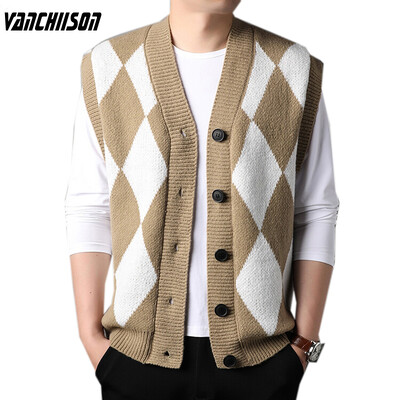 Bărbați Vestă Tricotat Butoni Fără mâneci Argyle Pulover Cardigan Jachetă Mărime Plus 100 kg 4XL Gât în V Stil Preppy Casual 00028
