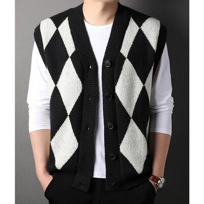 Ανδρικό γιλέκο πλεκτό κουμπιά κάτω Αμάνικο πουλόβερ Argyle Ζακέτα Plus μέγεθος 100kg 4XL V λαιμόκοψη Preppy Style Casual 00028