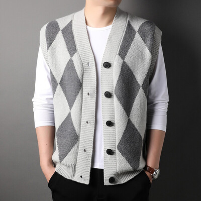 Ανδρικό γιλέκο πλεκτό κουμπιά κάτω Αμάνικο πουλόβερ Argyle Ζακέτα Plus μέγεθος 100kg 4XL V λαιμόκοψη Preppy Style Casual 00028