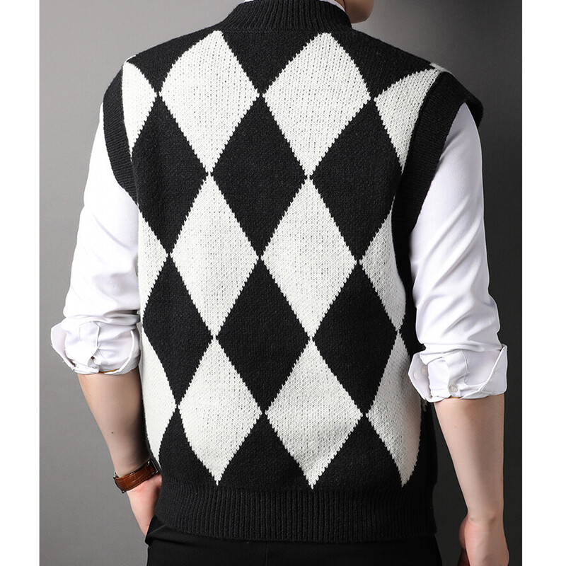 Ανδρικό γιλέκο πλεκτό κουμπιά κάτω Αμάνικο πουλόβερ Argyle Ζακέτα Plus μέγεθος 100kg 4XL V λαιμόκοψη Preppy Style Casual 00028