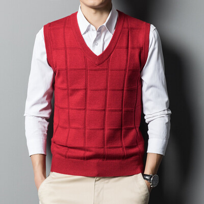 Muškarci, tinejdžeri, 8% vuneni pleteni tenk prsluk, džemperi bez rukava, gornji dijelovi džempera, osnovni za jesen i zimu, s V izrezom, jednobojni crno crveni 00053