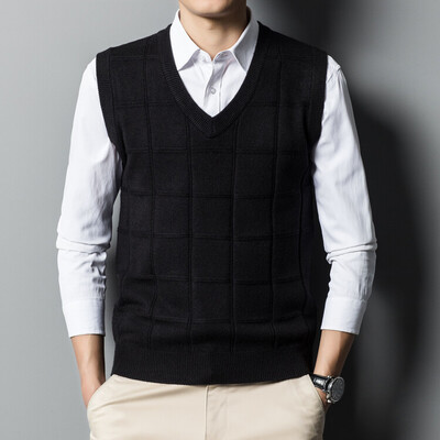 Muškarci, tinejdžeri, 8% vuneni pleteni tenk prsluk, džemperi bez rukava, gornji dijelovi džempera, osnovni za jesen i zimu, s V izrezom, jednobojni crno crveni 00053