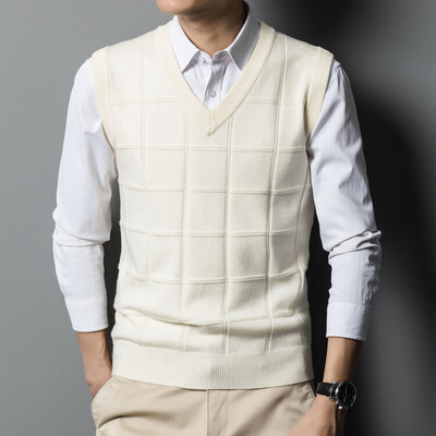 Muškarci, tinejdžeri, 8% vuneni pleteni tenk prsluk, džemperi bez rukava, gornji dijelovi džempera, osnovni za jesen i zimu, s V izrezom, jednobojni crno crveni 00053