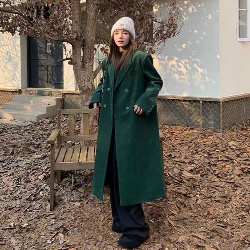 Y2K, toamnă, velur, amestecuri calde, haine pentru femei, largi, la două piept, jachete solide, iarnă, coreeană, elegantă, groasă, lungă