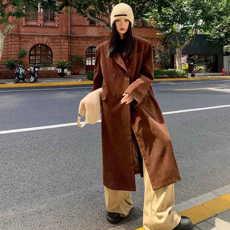 Y2K, toamnă, velur, amestecuri calde, haine pentru femei, largi, la două piept, jachete solide, iarnă, coreeană, elegantă, groasă, lungă