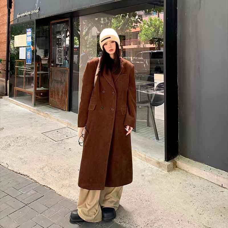 Y2K, toamnă, velur, amestecuri calde, haine pentru femei, largi, la două piept, jachete solide, iarnă, coreeană, elegantă, groasă, lungă