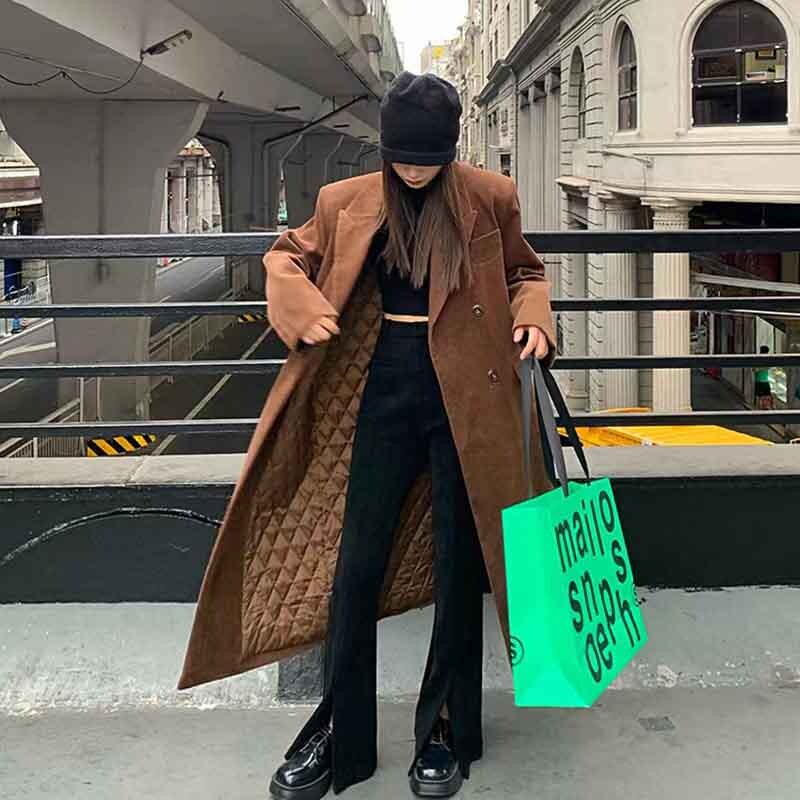 Y2K, toamnă, velur, amestecuri calde, haine pentru femei, largi, la două piept, jachete solide, iarnă, coreeană, elegantă, groasă, lungă