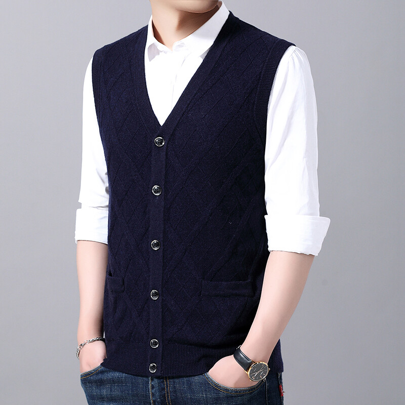 Modni džemper bez rukava od 6% vune za muškarce Kardigan s V izrezom Uzani džemperi Pletena odjeća Topli jesenski prsluk Ležerna odjeća Muški