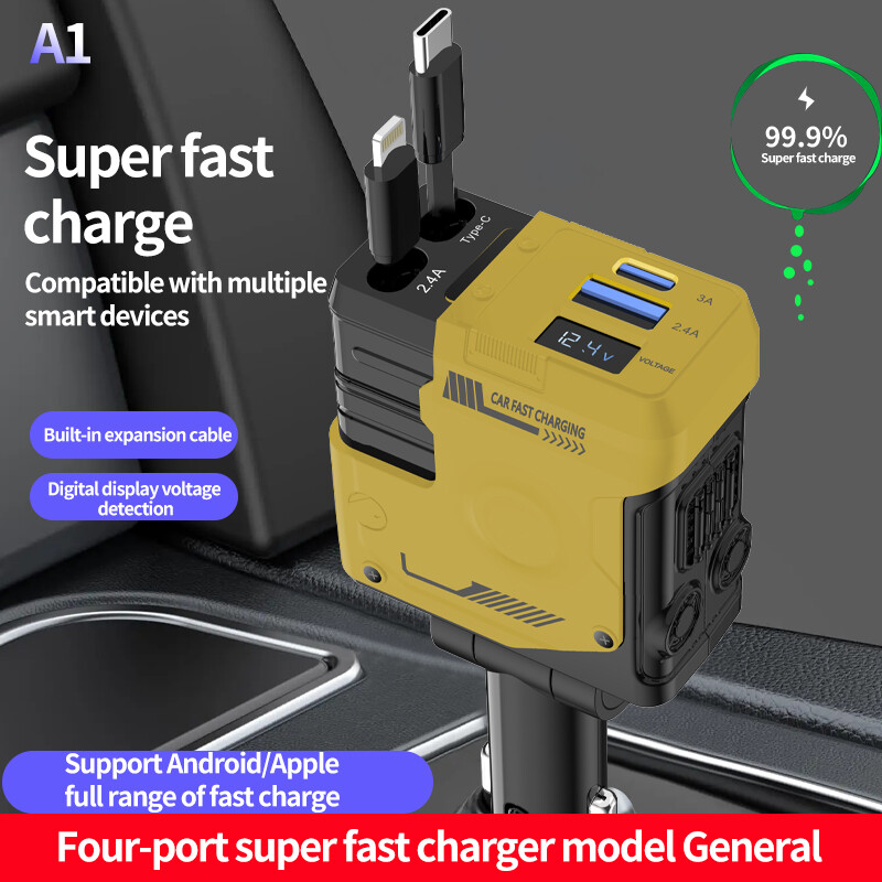 4 u 1 punjač za automobil na uvlačenje, USB tip C, brzo punjenje s kabelom na uvlačenje i 2 USB priključka, kompatibilan s adapterom za auto punjač