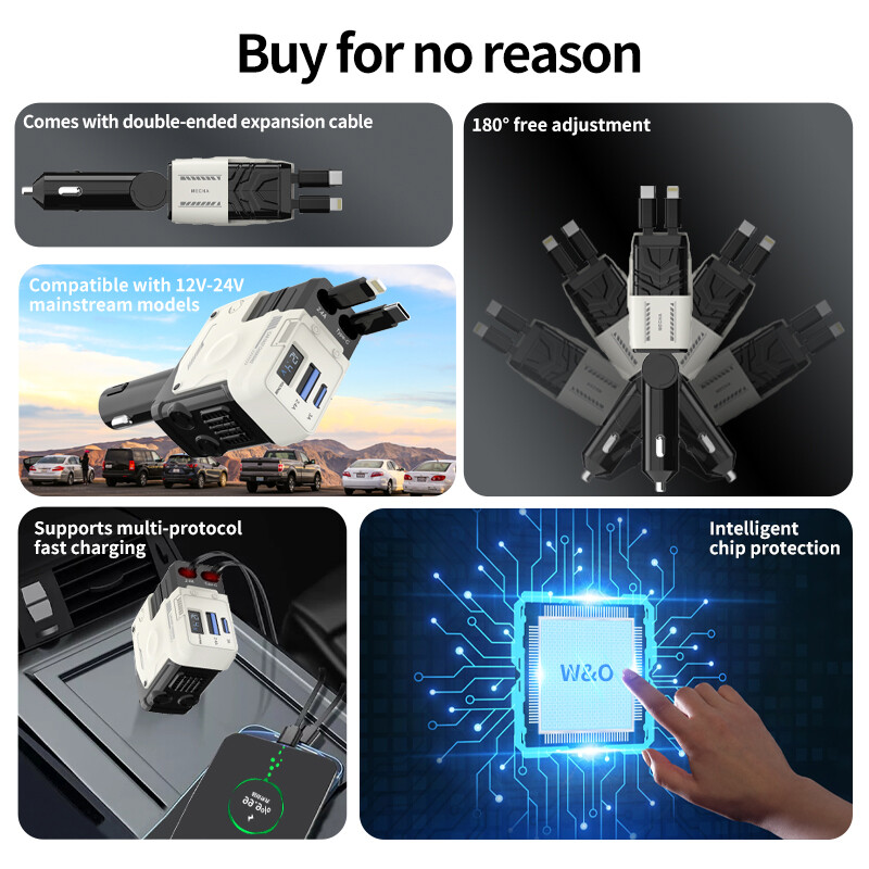 4 U 1 Punjač za automobil koji se uvlači, USB tip C Brzi punjač za iPhone Huawei 4 u 1 Adapter za upaljač za brzo punjenje QC3.0