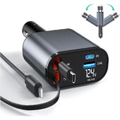 Ievelkams automašīnas lādētājs, 4 vienā ātrās uzlādes automašīnas tālruņa lādētāja adapteris 100 W ar izvelkamiem kabeļiem cigarešu šķiltavas adapteris