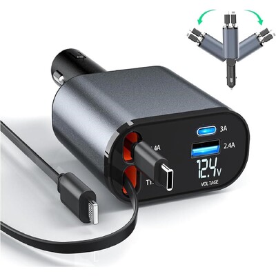 Ievelkams automašīnas lādētājs, 4 vienā ātrās uzlādes automašīnas tālruņa lādētāja adapteris 100 W ar izvelkamiem kabeļiem cigarešu šķiltavas adapteris