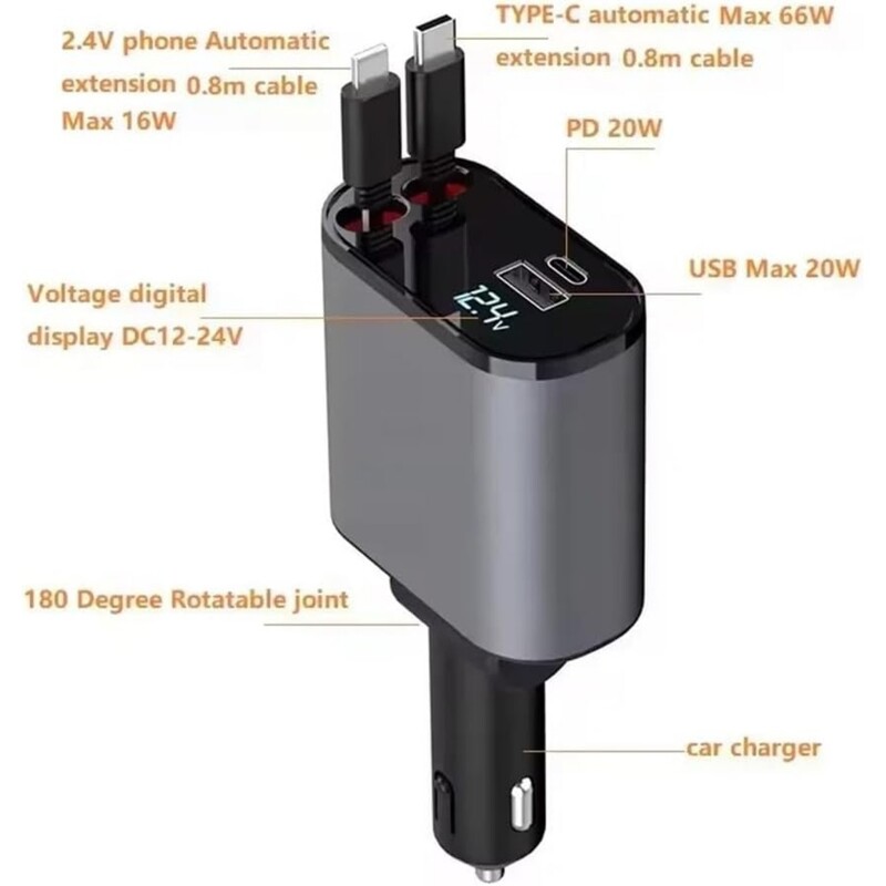 Ievelkams automašīnas lādētājs, 4 vienā ātrās uzlādes automašīnas tālruņa lādētāja adapteris 100 W ar izvelkamiem kabeļiem cigarešu šķiltavas adapteris